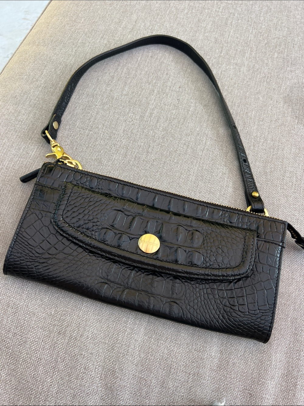 Brahmin Black Croc-Embossed Wristlet with Gold Hardware